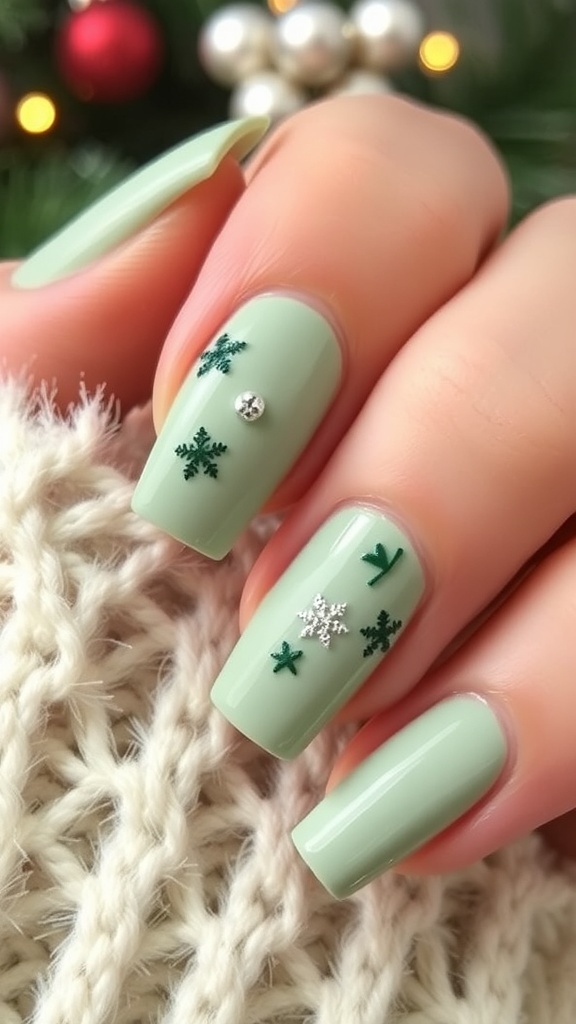 Subtle Green Christmas Nail Art Elegant green Christmas nail art with soft green base and dark green accents.